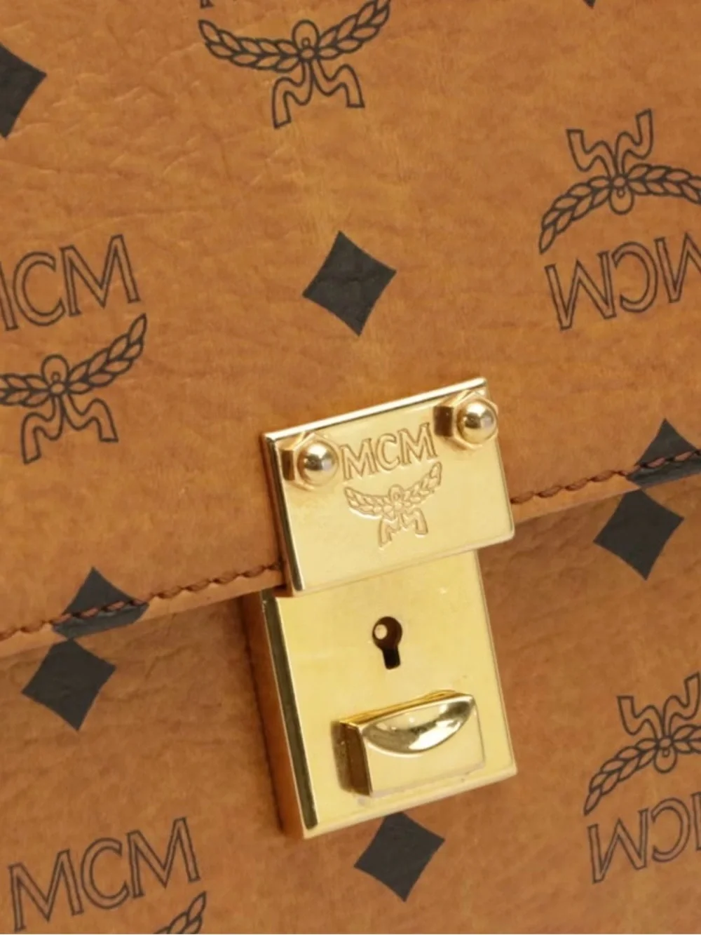 MCM Cognac Monogram Leather Briefcase with Gold-Tone Lock